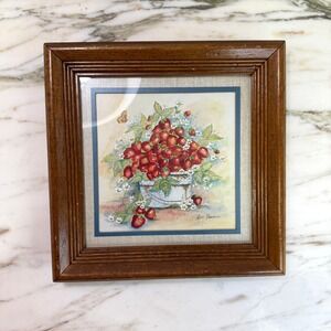 Vintage Framed Strawberry Floral Print Signed Kate Freeman Cottagecore